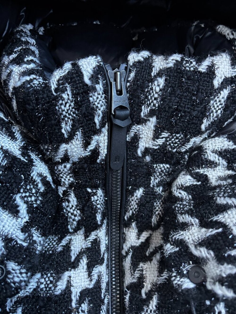 Mackage Madalyn Houndstooth Tweed Down Jacket Removable Hood Black White Metalli - Picture 7 of 13